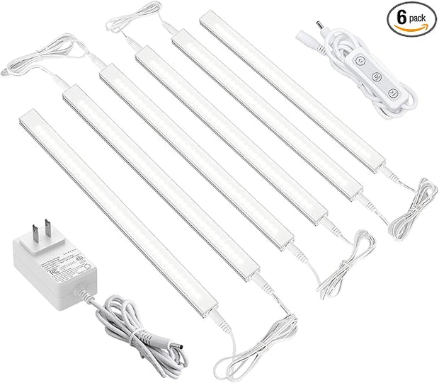 ASOKO Dimmable Under Cabinet Lighting for Kitchen - 6 Pcs 12 inches Linkable Counter Light Bars, Led Closet Light Daylight White 4500K,DC24V 1360Lumens,20W Led Shelf Lighting (ETL Plug)