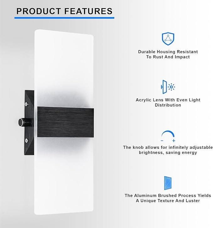 Lightess Indoor Wall Sconces with Switch, Modern LED Wall Lights Set of Two, 12W Hardwired Acrylic Dimmable Wall Light Fixtures for Bedroom Hallway Living Room, Cool White, 2 Pack