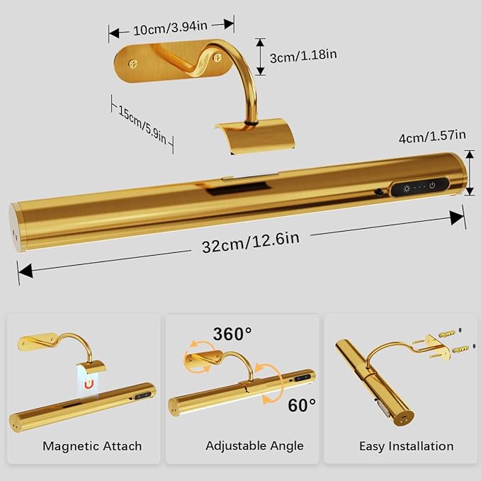 Wireless Rechargeable Picture Light, Battery Operated Art Wall Sconce with Remote Control, Magnetic Dimmable LED Picture Frame Lighting for Paintings Mirror Portrait Gallery Dart Board Indoor - Brass