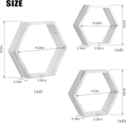 NORCEESAN Hexagon Floating Shelves Set of 6 Honeycomb Shelves Wooden Farmhouse Hexagonal Shelf for Wall Decor Hanging Shelves Honeycomb Storage Shelf for Bedroom Living Room Nursery, Grey-White
