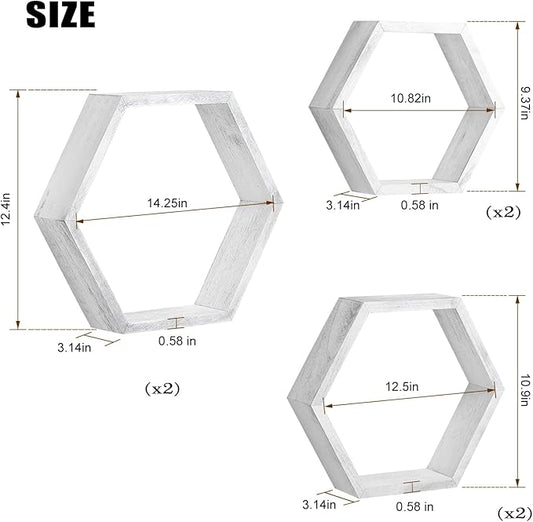 NORCEESAN Hexagon Floating Shelves Set of 6 Honeycomb Shelves Wooden Farmhouse Hexagonal Shelf for Wall Decor Hanging Shelves Honeycomb Storage Shelf for Bedroom Living Room Nursery, Grey-White