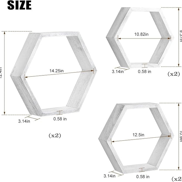NORCEESAN Hexagon Floating Shelves Set of 6 Honeycomb Shelves Wooden Farmhouse Hexagonal Shelf for Wall Decor Hanging Shelves Honeycomb Storage Shelf for Bedroom Living Room Nursery, Grey-White