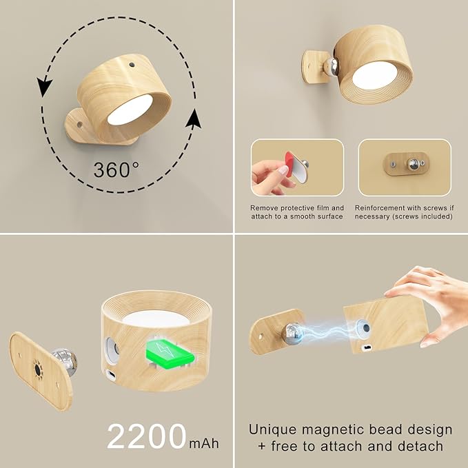 3PACK Romote LED Wall Sconce - Rechargeable Wall Light, 3 Colors & 3 Brightness Levels, 360° Magnetic Rotating Head, Bedside Reading Lamp, Easy Install Battery Operated Lamp Wood