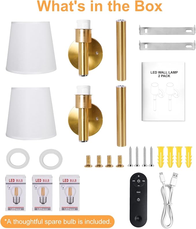 Battery Operated Wall Sconce Set of Two, 5200mAh Magnetic-Handle Rechargeable Sconces Wall Decor with Remote, Gold Wireless Wall Lights Lamp for Bedroom Living Room Home Decor(1 Spare Bulb)