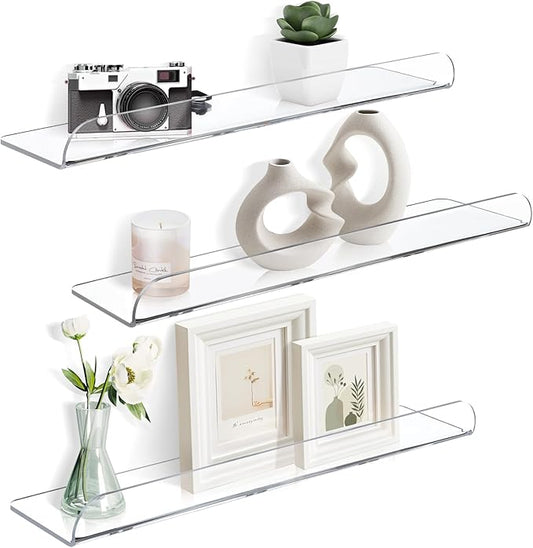 15 Inch Acrylic Floating Shelves for Wall Decor, 3 Pack Clear Acrylic Shelves for Bedroom Kitchen Office Nursery, Durable Stylish Wall Mounted Vinyl Record Holder, Magazine Rack, Picture ledge