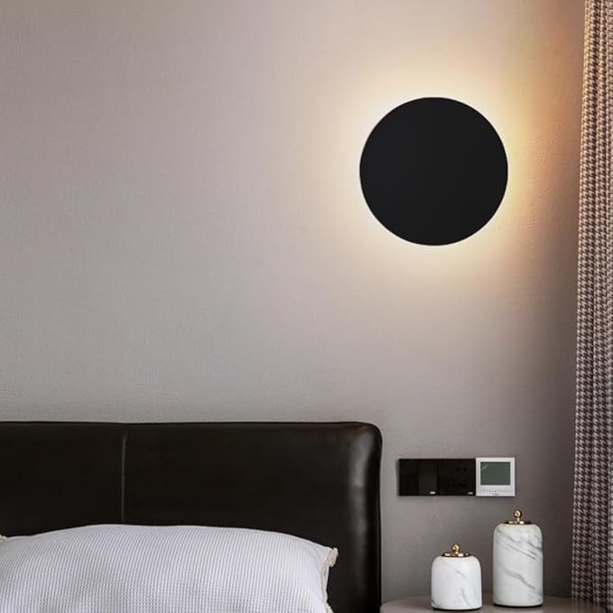 Black Modern Wall Sconce Round Disc Sconces Wall Lighting Metal Circular Stairwell Lighting 3000K Warm LED Wall Lights for Living Room Bedroom Stairway - 8"