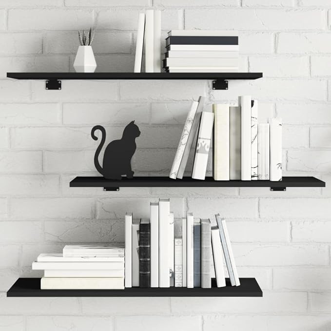Set of 4 Wall Mounted Floating Shelves, 31.5 x 11.8 Inch Engineered Wood Display Shelf for Living Room, Kitchen, Bedroom, Black Matte Finish Storage Organizer