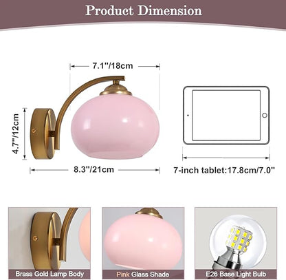 Mid Century Modern Wall Sconce Light Fixture Pink Glass Wall Sconce Lamp Brass Gold Wall Lighting Hardwired Globe Wall Lamp Vintage Bathroom Vanity Light Fixtures