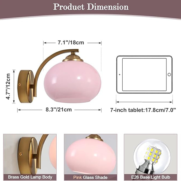 Mid Century Modern Wall Sconce Light Fixture Pink Glass Wall Sconce Lamp Brass Gold Wall Lighting Hardwired Globe Wall Lamp Vintage Bathroom Vanity Light Fixtures