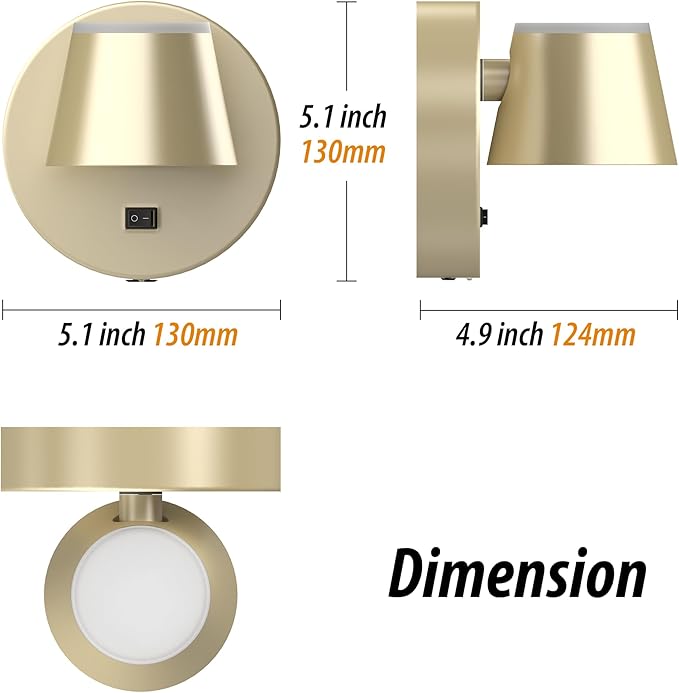 URSOLA Battery Operated Wall Lights Set of Two, LED Rechargeable Battery Wall Sconce with 9000mAh 3CCT and Dimmable Magnetic 360° Rotation Cordless Light for Bedroom（Champaign）