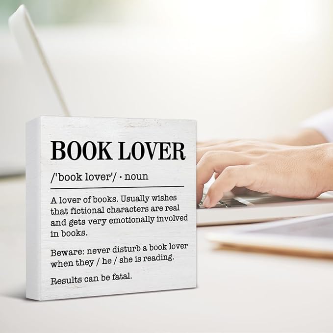 Book Lover Decor Rustic Book Lover Definition Wooden Sign Decorations Home Book Room Library Desk Table Shelf 5×5 Inches, Book Lover Gifts for Women Men Girls Boys
