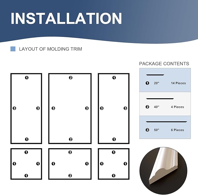 NeatiEase Peel and Stick Wall Molding Kit 6-Frame Pre-Made, Ready-to-Assemble Wall Moulding Panel Frame, Self-Adhesive Wainscoting Panels Wall Trim for Interior Walls Home Decor (50