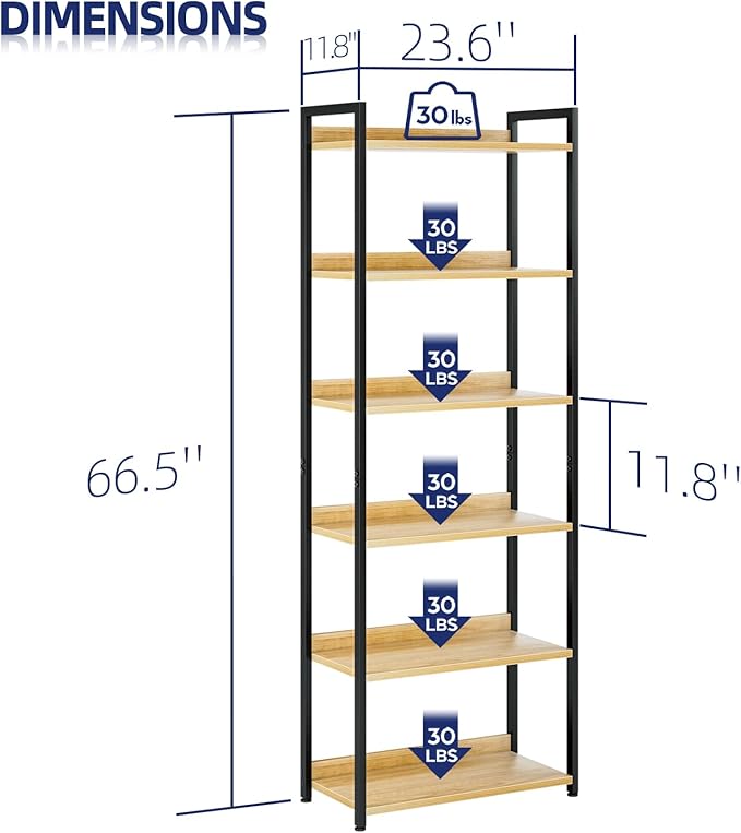 NUMENN Bookshelf, 6 Tier Bookshelves, Home Office Bookcase Shelf Storage Organizer, Free Standing Storage Shelving Unit for Bedroom, Living Room and Home Office, Natural