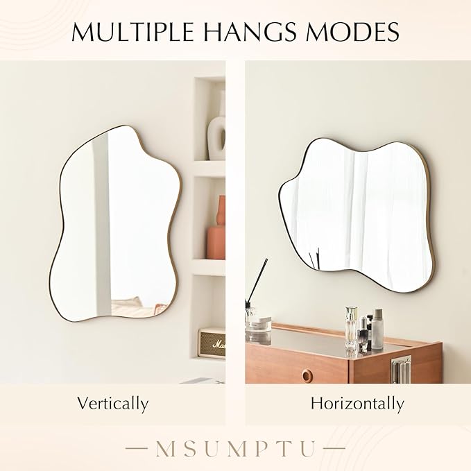 Irregular Wall Mirror Brass Wave Shaped Metal Framed Wall Mirror for Bathroom Bedroom Entryway Living Room Wall Decor 24