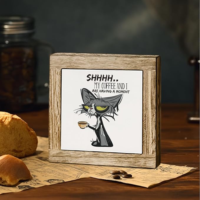 Funny Coffee Decor Sign, My Coffee and I Are Having a Moment, Funny Cat Wooden Sign, Farmhouse Cafe and Kitchen Decor, Square Wood Block Signs Table Decoration 5.9X5.9 Inches