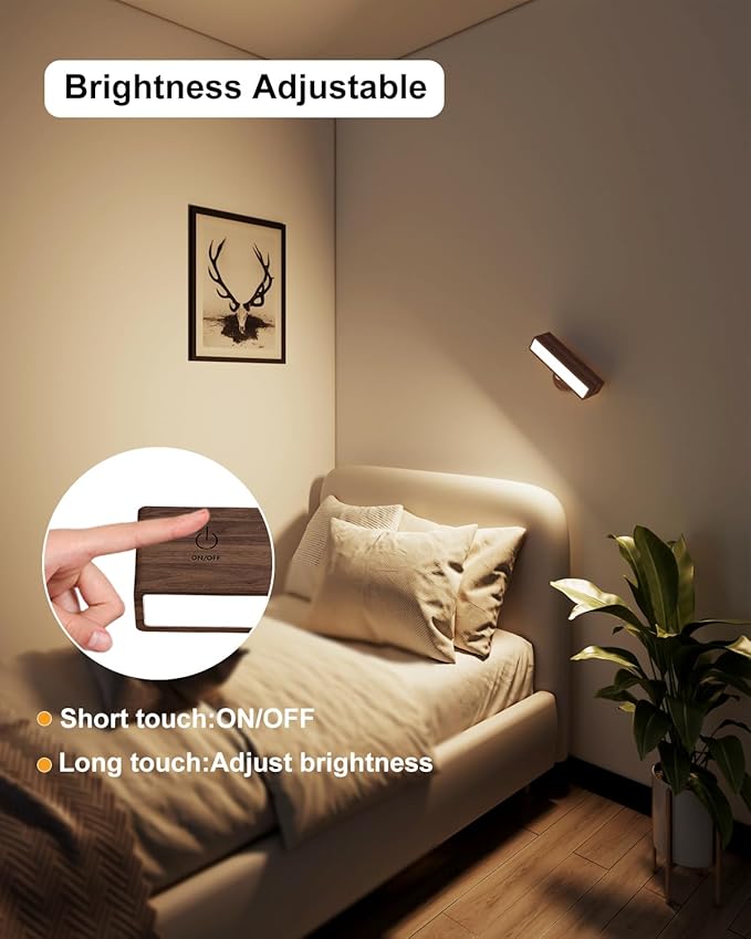 YiLaie Wall Sconces Battery Operated Set of 2,Rechargeable Wall Sconce for Bedroom,Wireless Wall Lights Dimmable,Wood Wall Lights with 360 Rotation,Peel and Stick Wall Sconces for Bedroom Bedside