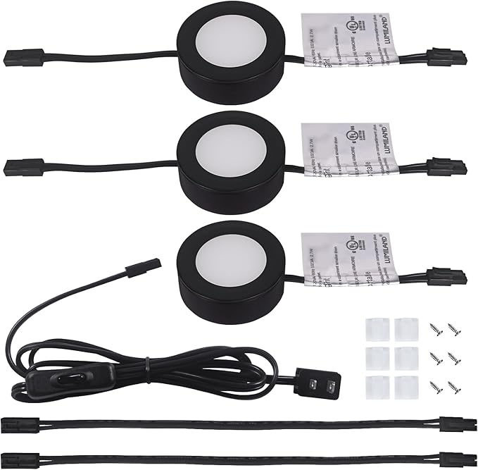 LUMILAND Wired LED Puck Lights (2.7Wx3) Plug-in Lighting Natural White (4000K), LED Cabinet Light for Kitchen Can Be Surface Mount or Recess Mount, Black