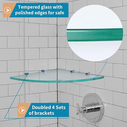 2 Pcs Tempered Glass Corner Shelf with 8 Brackets, 11.5" x 11.5" Floating Shower Caddy, Wall Mounted Shampoo Holder Organizer for Bathroom, Kitchen, Living Room