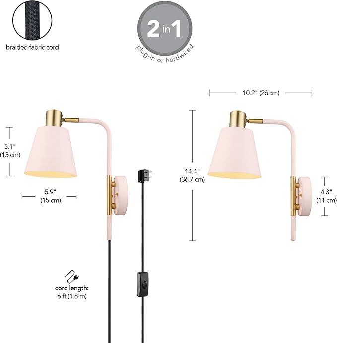 GLOBE Electric Cleo 1-Light Plug-in or Hardwire Wall Sconce, Blush Pink, Matte Brass Accents, Black Cloth Cord, Bulb Not Included
