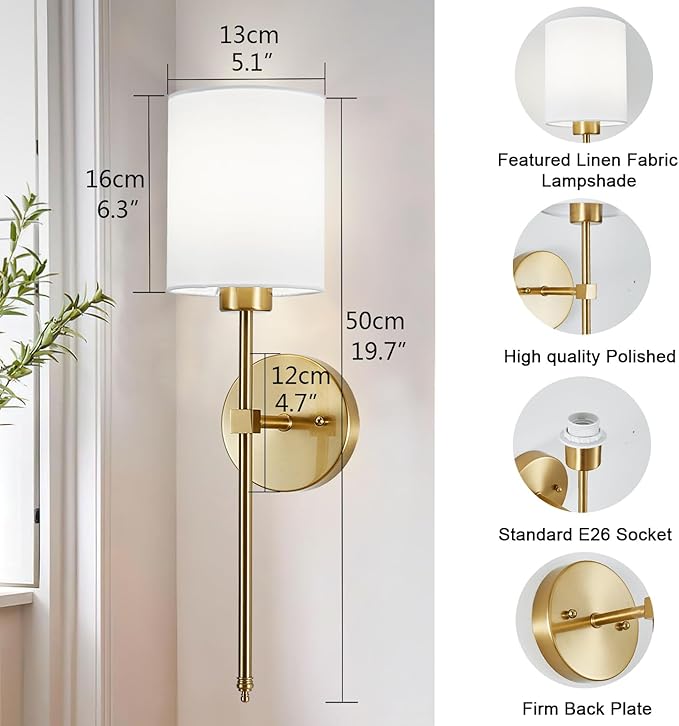Battery Operated Wall Sconce Set of 2, Brushed Gold Rechargeable Wall Lights with Remote Control and Dimmable LED Bulbs, 13 Light Colors Wireless Wall Lamps for Bedroom Living Room Hallway (Gold)