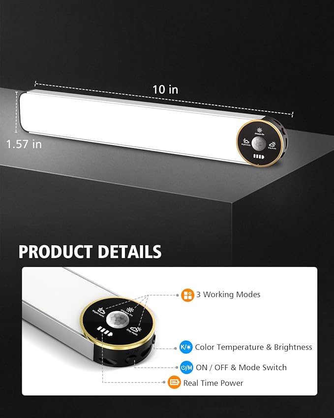 50 LED Motion Sensor Under Cabinet Lighting, 3-Color Dimmable, Rechargeable 1600mAh Battery, Digital Display, 10 Inch Wireless Closet Lighting for Kitchen & Indoor Use (5-Pack)