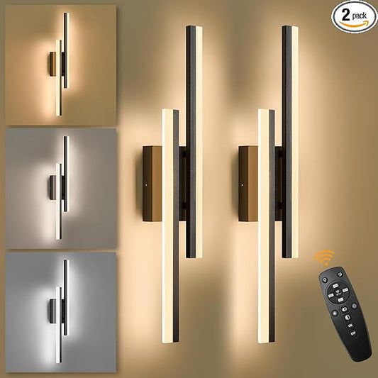 LED Wall Sconce Set of 2 Black Remote Modern LED Vanity Lights Set of 2 Indoor Wall Light Fixtures for Living Room, Dimmable Wall Sconce for Bedside Bedroom Bathroom, 23.6inch 2 Pack