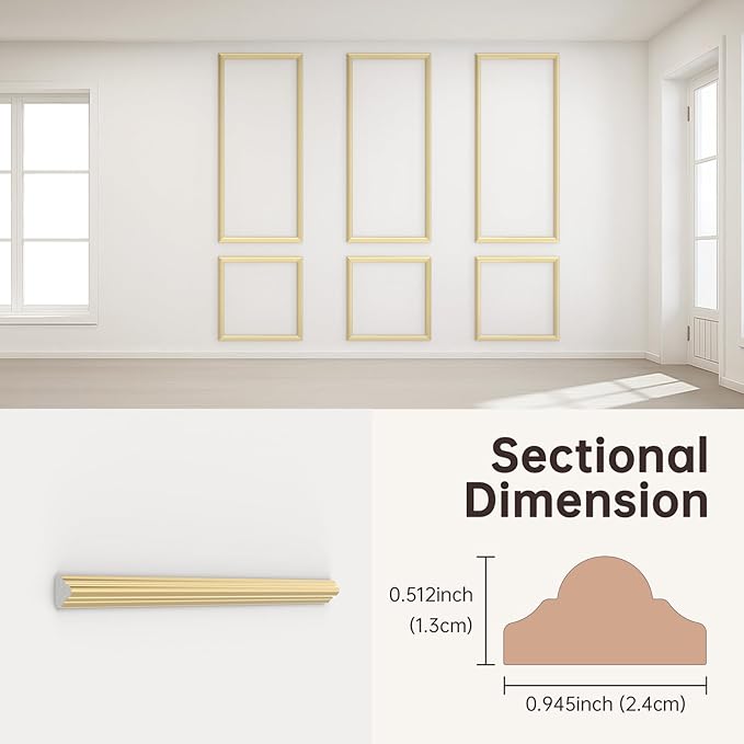 DODOKIE Peel and Stick Wall Molding Kit, Pre Cut Molding Wainscoting Panels for Interior Home Wall Moulding Décor Living Room Decoration, Self-Adhesive Ready to Assemble Gold (3 Set, 24 x 78 in)