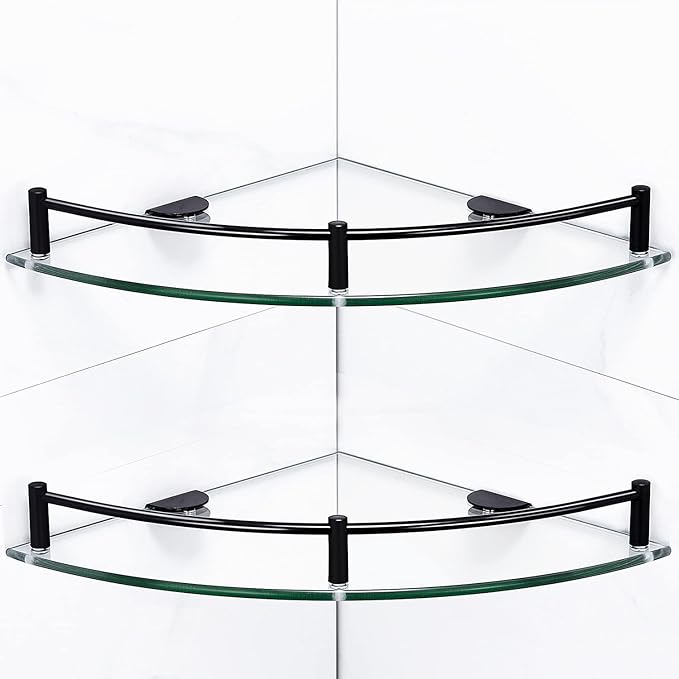 Bathroom Corner Shower Caddy, 9.5" Tempered Glass Bathroom Shelves Wall Mounted, 2 Tier Clear Shower Caddy Organizer and Storage, Corner Shelf Wall Mounted with Stainless Steel Rail - Black