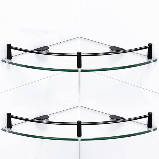 Bathroom Corner Shower Caddy, 9.5" Tempered Glass Bathroom Shelves Wall Mounted, 2 Tier Clear Shower Caddy Organizer and Storage, Corner Shelf Wall Mounted with Stainless Steel Rail - Black