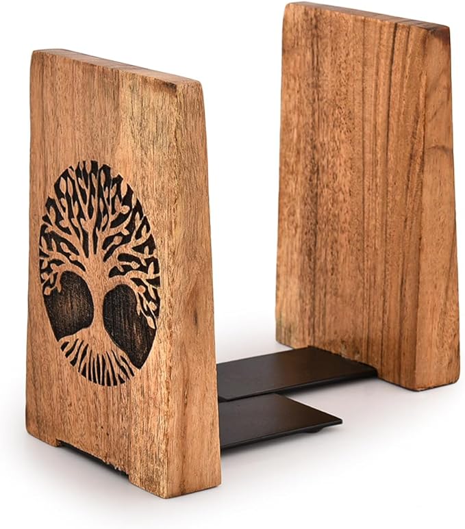 NIRMAN Office Bookends Iron & Acacia Wood Tree of Life Office Bookends for Shelves or Bookcase Heavy Bookends, Home Décor Gift (4