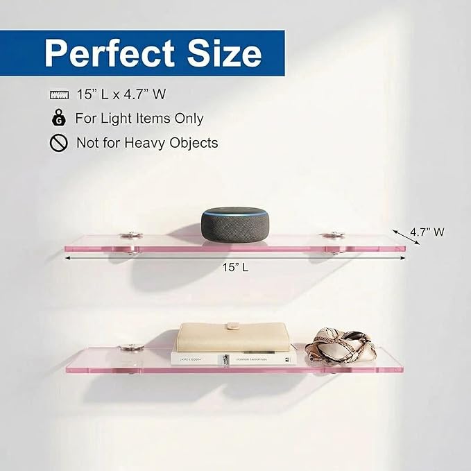 iobiotio Cute Pink Floating Shelves, 15 x 4'' Arylic Shelves for Wall, Decorative Clear Floating Shelves for Gril's Room, Bathroom, Wall Mounted, 2 Pcs