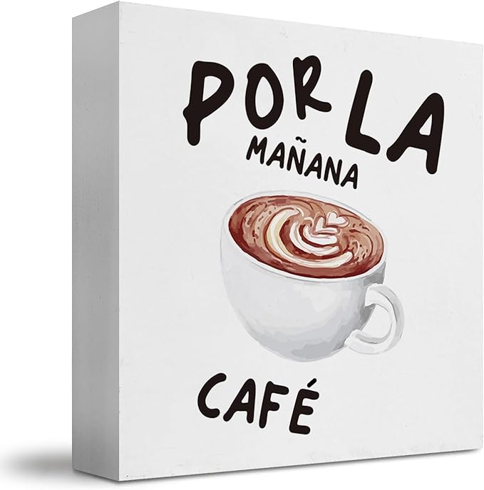 Coffee Bar Decor, Spanish Cafe Wooden Box Sign, Cafe Wood Block Box for Coffee Bar Home Kitchen Desk Shelf Tabletop Decor, 5x5 Inch