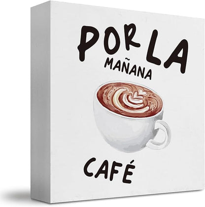 Coffee Bar Decor, Spanish Cafe Wooden Box Sign, Cafe Wood Block Box for Coffee Bar Home Kitchen Desk Shelf Tabletop Decor, 5x5 Inch