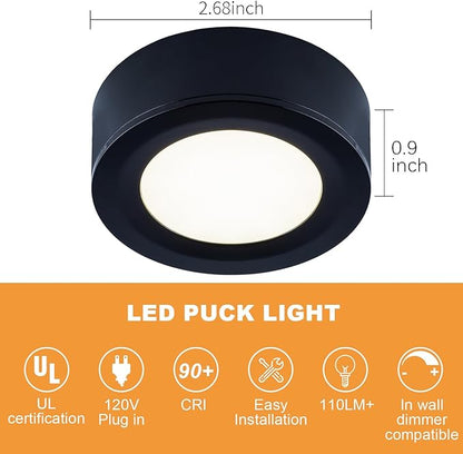 LUMILAND Wired LED Puck Lights 120V (2.7Wx5) Plug-in Lighting Warm White, LED Cabinet Light for Kitchen Can Be Surface Mount or Recess Mount, Black