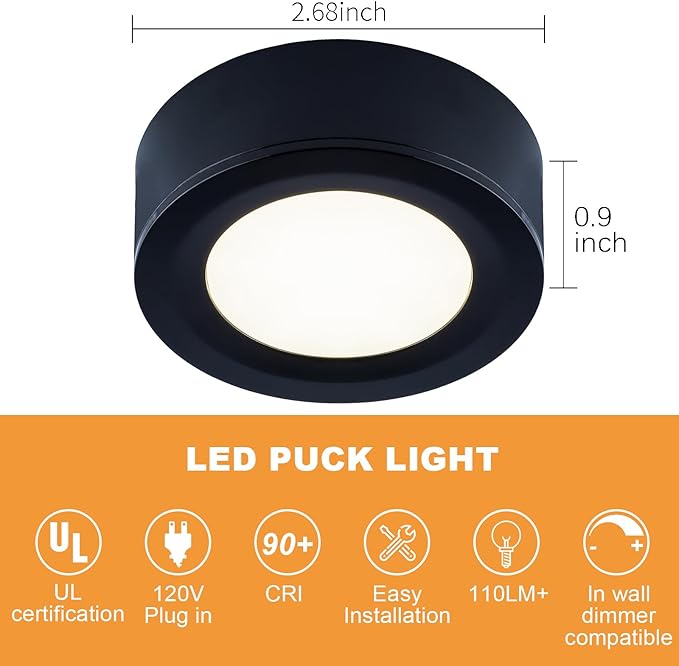 LUMILAND Wired LED Puck Lights (2.7Wx3) Plug-in Lighting Natural White (4000K), LED Cabinet Light for Kitchen Can Be Surface Mount or Recess Mount, Black