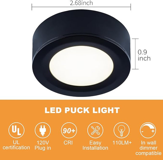 LUMILAND Wired LED Puck Lights (2.7Wx3) Plug-in Lighting Natural White (4000K), LED Cabinet Light for Kitchen Can Be Surface Mount or Recess Mount, Black