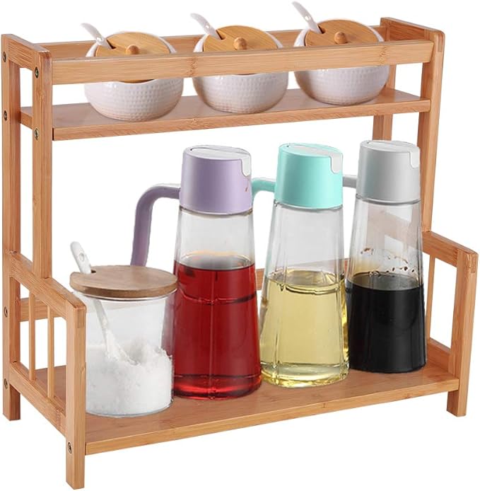 Ufine 2 Tier Bamboo Spice Rack Organizer Kitchen Countertop Storage Shelf Free Standing Holder Under Cabinet Bathroom for Various Bottles, Jars, Space Saving