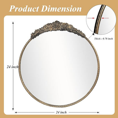 Growsun Round Wall Mirror with Vintage Black Floral Frame – 24 Inch Decorative Wall Mirror for Living Room, Bedroom, Entryway, Bathroom Vanity – Elegant Antique Accent Home Décor