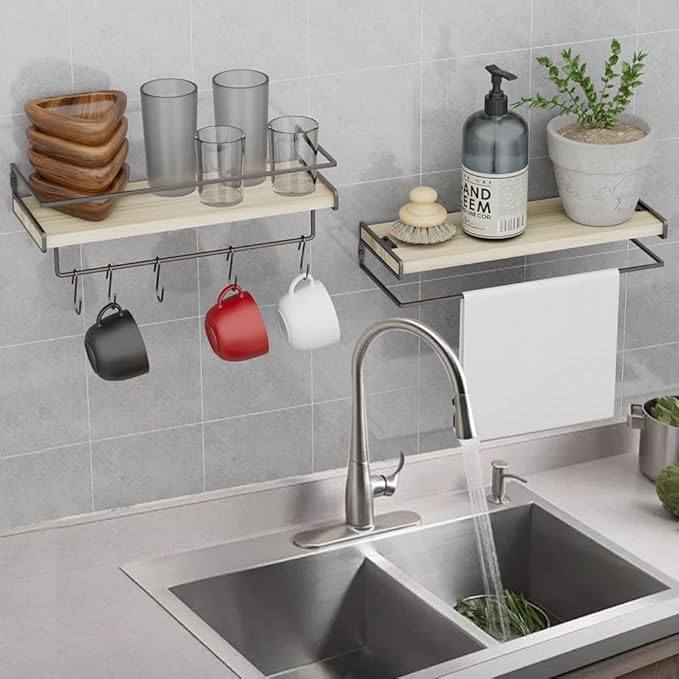 Wall Decor Floating Shelves, Home Decor with Towel Bar/Hooks, Wall Shelves for Bathroom/Living Room/Kitchen/Bedroom, (Black-Natural) Floating Bathroom Shelves