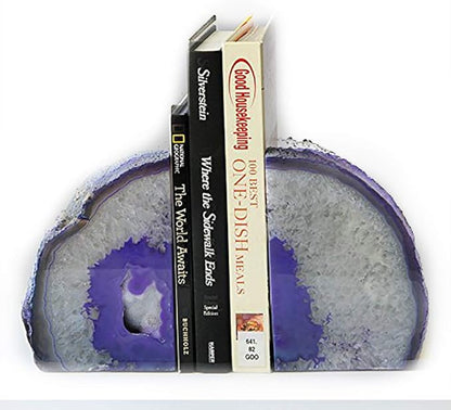 JIC Gem Dyed Purple Natural Agate Bookends Polished Stone Book Ends Crystal Geode Bookends for Shelves to Hold Books with Rubber Bumpers(1 Pair, 3-4 LBS)