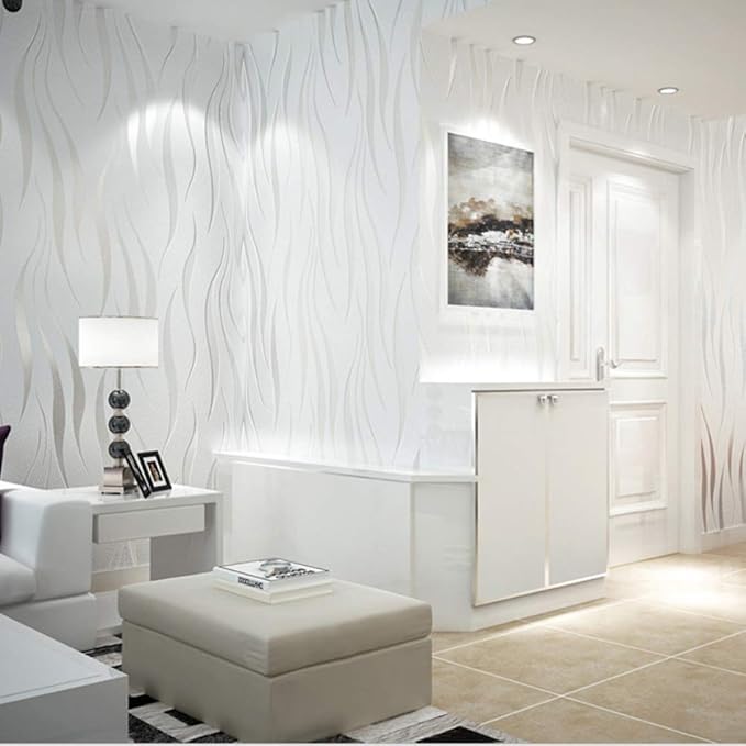 Q QIHANG Simple Fashionable Non-Woven Wallpaper 3D Embossed Three-Dimensional Flocking Foaming Wave Stripes Bedroom Living Room TV Background Wall Shop Decoration20.87 Wx393.7 L Non-Pasted (Cream)