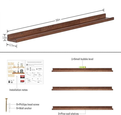 AZSKY 36 Inch Picture Ledge Shelf Rustic Wall Mount Light Walnut Long Narrow Picture Shelves Storage for Books Music Albums Green Plants-Photo Ledge Shelf Set of 3 Mounting Hardware Include