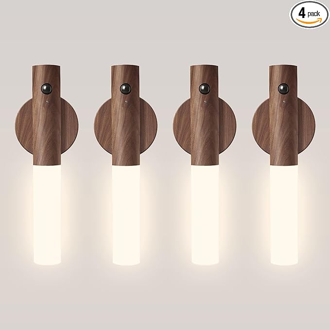 Motion Sensor Night Lights – 4 Pack Rechargeable Magnetic LED Sconces for Bedroom, Hallway & Picture Lighting + 4-in-1 Charging Cable (Walnut Brown)
