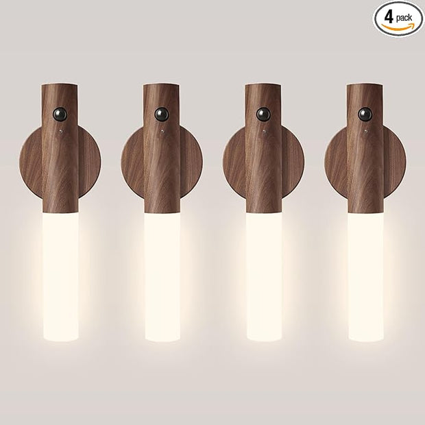 Motion Sensor Night Lights – 4 Pack Rechargeable Magnetic LED Sconces for Bedroom, Hallway & Picture Lighting + 4-in-1 Charging Cable (Walnut Brown)