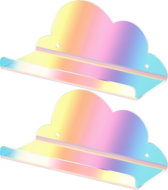 Lesnala 2Pcs Cloud Mini Shelf Iridescent Floating Shelves Acrylic Wall Mounted with Stickers and Screws for Bathroom Bedroom Living Room Office