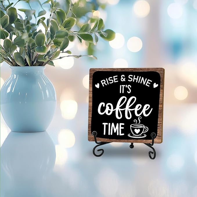 Coffee Bar Decor Sign, Rise & Shine It's Coffee Time Sign With Stand For Farmhouse Home Kitchen Table, Wine Sign For Farmhouse Home Kitchen Office Bar Shelf Table, Gifts For Family Friend Coworker
