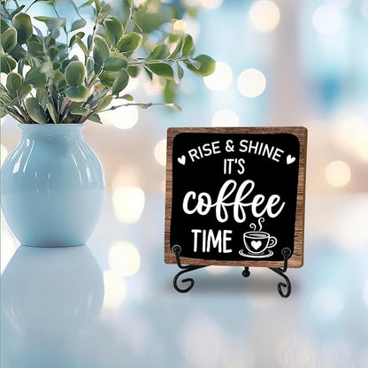 Coffee Bar Decor Sign, Rise & Shine It's Coffee Time Sign With Stand For Farmhouse Home Kitchen Table, Wine Sign For Farmhouse Home Kitchen Office Bar Shelf Table, Gifts For Family Friend Coworker