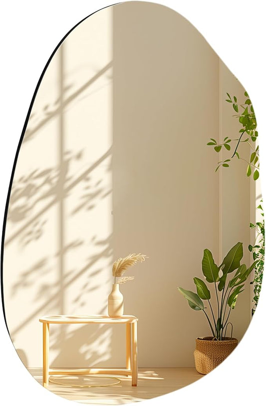 Irregular Frameless Bathroom Mirror,24 x 36 Inch Asymmetrical Wall Mirror with Wood Frame,Vanity Modern Tempered Glass Mirror for Bedroom,Entryway,Living Room