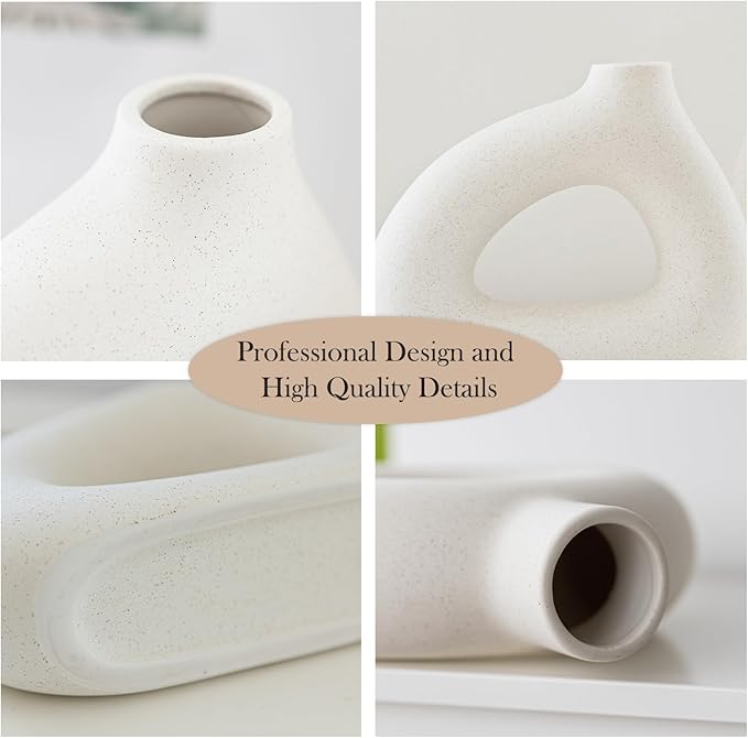 White Ceramic Vase Set of 2 for Modern Home Decor, Round Matte Donut Vases for Pampas Grass, Boho Nordic Minimalism Style Modern Flower Vases for Living Room Table Bookshelf Office Bedroom