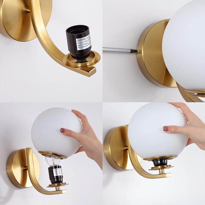 Gold Wall Sconces Set of 2, Mid Century Modern Wall Sconce with Globe Frosted Glass Shade, Art Deco Wall Mounted Light Fixture for Living Room, Bedroom, Hallway
